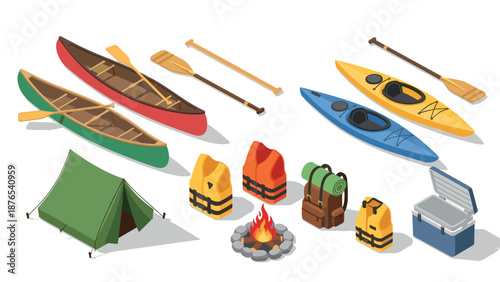 Outdoor adventure gear collection featuring canoes, kayaks, camping equipment in isometric style