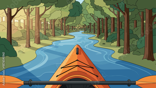 Kayaking adventure through serene forest river in vibrant cartoon style