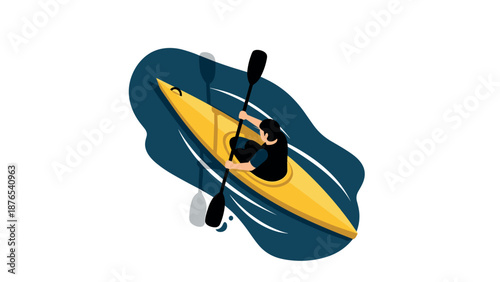 Isometric kayaking adventure on serene water with yellow canoe and paddler