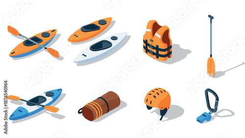 Isometric kayaking set: canoes, paddles, life jacket, helmet, and accessories