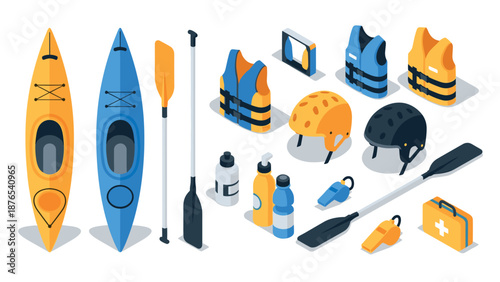 Essential kayaking gear and equipment in isometric style for outdoor adventures