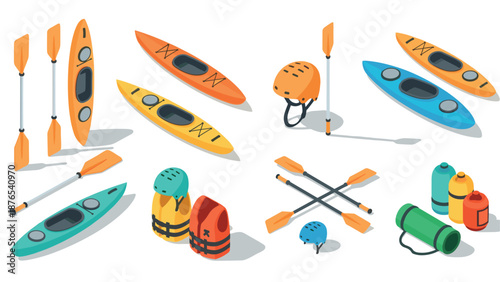 Isometric kayaking gear set with vibrant kayaks and essential equipment