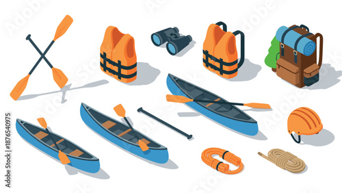 Outdoor adventure gear: canoes, life jackets, and hiking essentials in isometric style