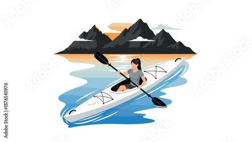 Woman kayaking on lake with scenic mountain view at sunrise