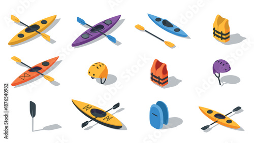 Isometric kayaking equipment set featuring kayaks oars helmets and life vests