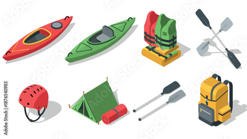 Isometric outdoor adventure gear collection featuring kayaks, life jacket, helmet, and camping equipment