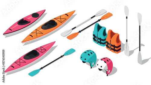 Colorful kayaking gear set featuring isometric kayaks and safety equipment