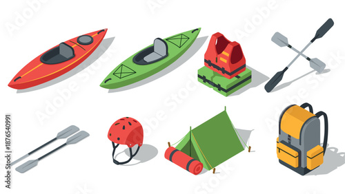 Isometric camping and kayaking gear set: kayaks, safety, and adventure equipment