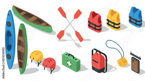 Essential canoe and kayak gear with safety equipment in isometric style