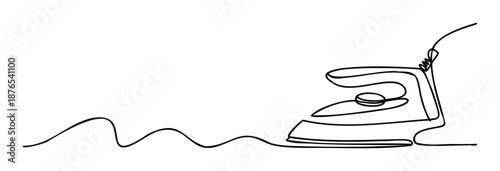 Minimalist single line drawing of an iron with a connected power cord, perfect for home appliance graphics, laundry service branding, or household chore illustrations.