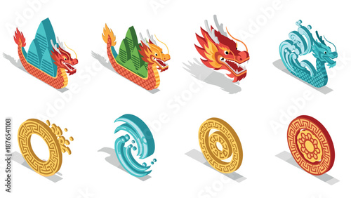 Isometric chinese dragons and traditional elements set