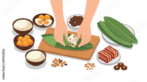 Traditional asian leaf-wrapped rice preparation with ingredients on wooden board