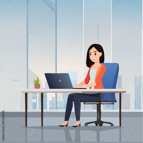 Modern digital entrepreneur working on laptop at sleek office desk with smartphone and tablet nearby, illustration