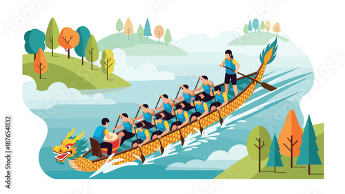 Team rowing a dragon boat in scenic landscape with colorful autumn trees