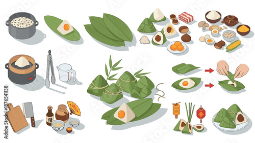 Traditional zongzi preparation and ingredients in festive chinese cuisine