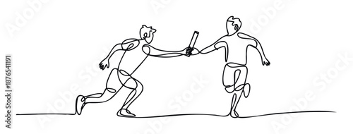 Dynamic continuous line drawing of two athletes engaged in a relay race baton pass, symbolizing teamwork, collaboration, and athletic achievement in various competitive scenarios.