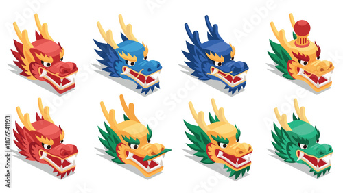 Colorful isometric dragon heads collection in various styles