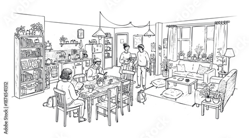 Group of young people engaging in various activities within a shared apartment featuring a kitchen, dining, and lounge area, useful for depicting roommate dynamics or urban living