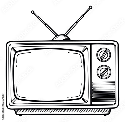 A simple handdrawn sketch of a vintage analog television with rabbit ear antennas, perfect for capturing broadcast history or media themes in various graphic projects.