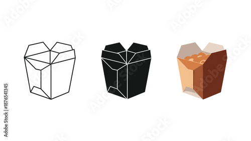 Set of three chinese takeout food boxes icons, outline, solid black and color illustration of open box with noodles
