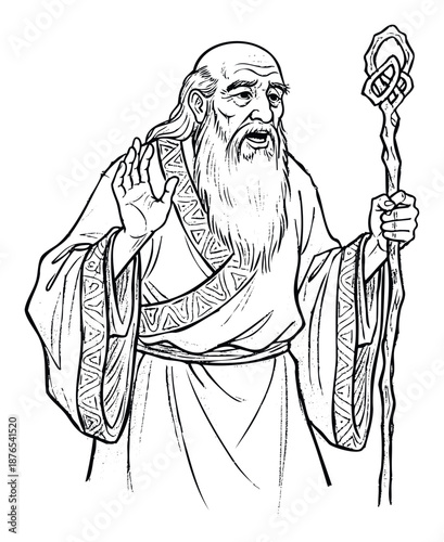 An ancient wise man with a long beard and a mystical staff performs an arcane gesture, perfect for storytelling materials, game character designs, or magical book cover illustrations.