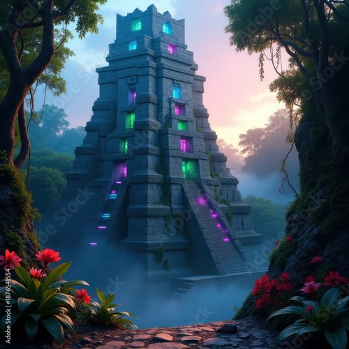 Ancient stone pyramid temple with glowing windows in misty jungle