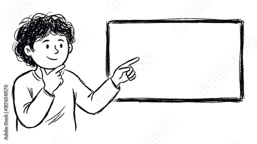 A pensive young person points to an empty rectangular frame, ideal for visualizing new concepts, presenting educational content, or highlighting important information in various business