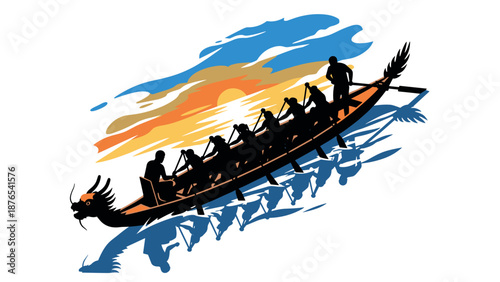 Dragon boat race at sunset with paddlers silhouetted against vibrant sky