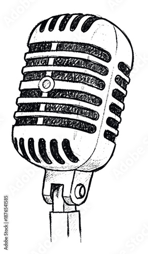 Vintage style classic microphone sketch with rough hand drawn texture perfect for music events broadcasting podcasting or audio recording themed graphic applications