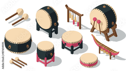 Traditional percussion instruments set in isometric style
