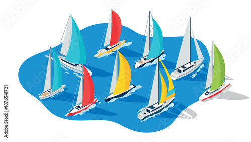 Colorful sailing boats on vibrant ocean in isometric design