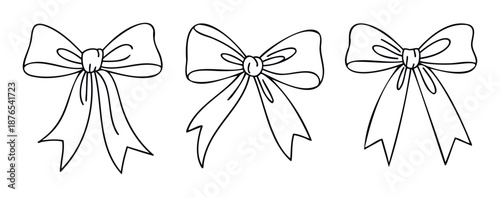 Three distinct handdrawn black outline bows perfect for enhancing holiday packaging, special event invitations, or festive decorative graphics for various projects