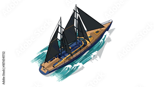 Elegant isometric sailing yacht with black sails and ocean waves in motion