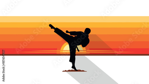 Martial artist silhouette performing high kick at sunset in minimalist style