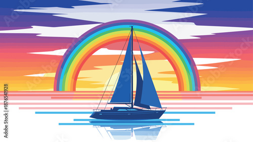 Colorful sailboat against rainbow sky in sunset horizon with mirror reflection