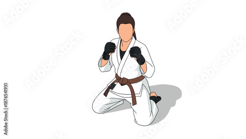 Martial artist in white gi and brown belt kneeling in ready position on white background