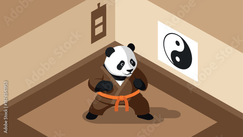 Panda practicing karate in isometric dojo with yin yang symbol