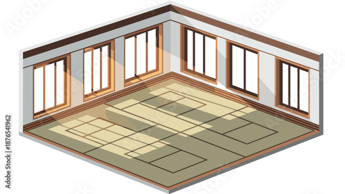 Isometric sunlit room with large windows and wooden floor