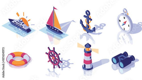 Isometric nautical icons collection: anchor, compass, sailboat, lighthouse