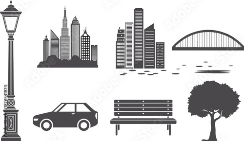 Black and white city elements icons set featuring skyline buildings bridge street lamp car bench and tree silhouettes illustration