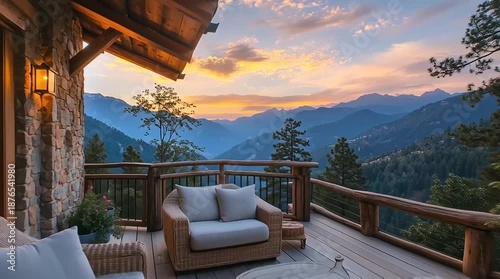 Luxury mountain lodge balcony with stunning sunset mountain vista, outdoor seating