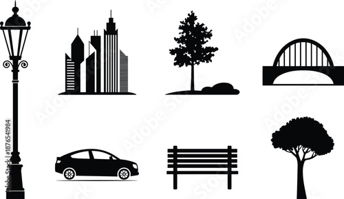 Black and white city elements icons set featuring skyline buildings bridge street lamp car bench and tree silhouettes illustration