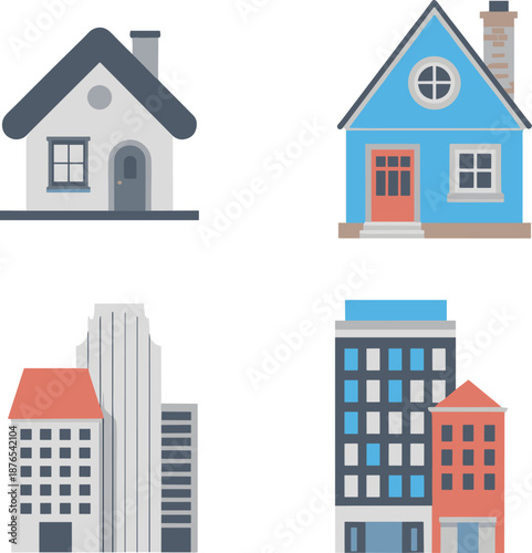 Minimalist building icons set featuring residential houses and modern city architecture illustrations for real estate urban design projects branding marketing