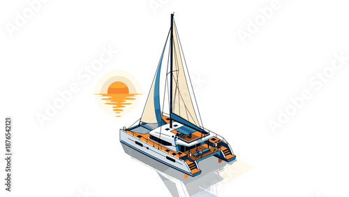 Isometric catamaran with sails at sunset on calm ocean waters
