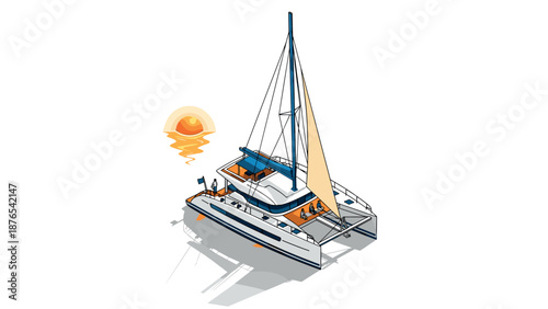 Isometric yacht adventure with sunlit sails on the open sea