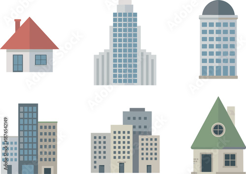 Minimalist building icons set featuring residential houses and modern city architecture illustrations for real estate urban design projects branding marketing