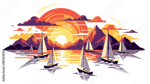 Colorful sunset with sailboats on a mountainous lake
