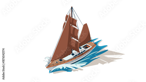 Isometric sailboat with red sails on blue waves