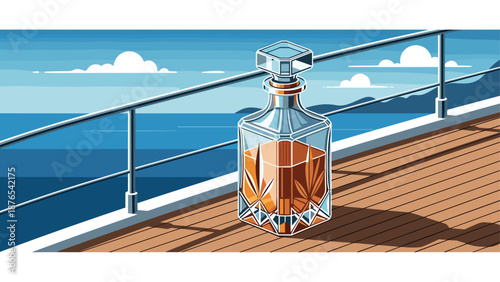 Elegant glass decanter on yacht deck with ocean view