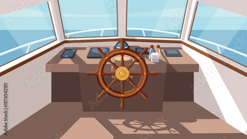 Sailboat helm with wooden wheel in bright daylight scene
